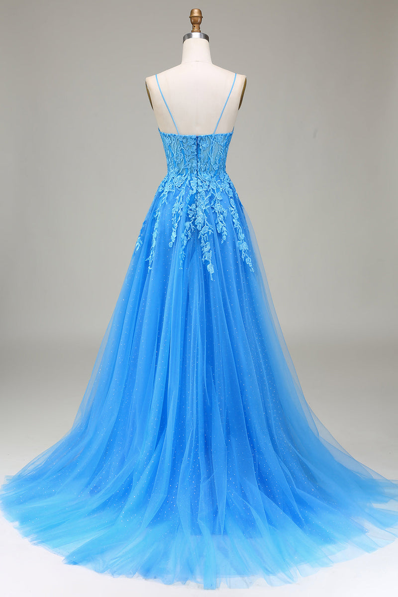 Simple A Line Spaghetti Straps Tulle Blue Prom Dress Evening Dresses main image 0