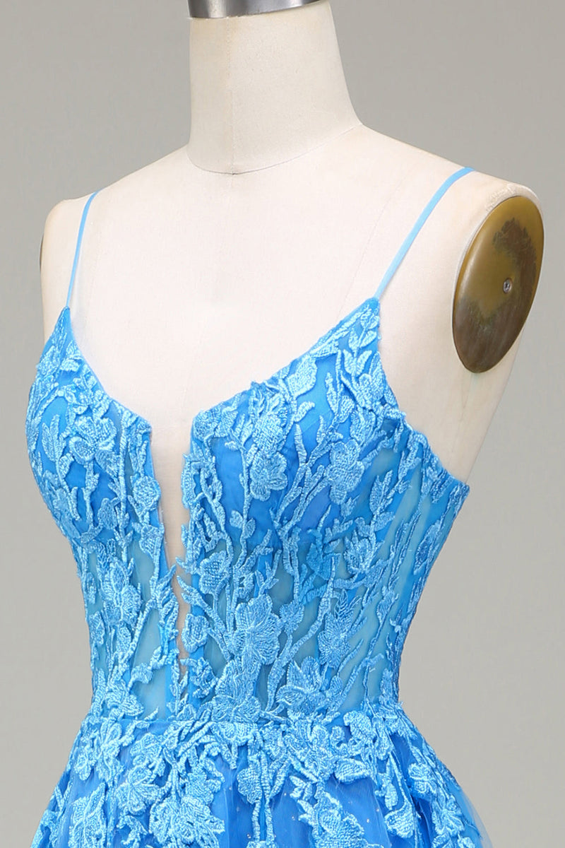 Load image into Gallery viewer, A-Line Spaghetti Straps Blue Tulle Prom Dress With Appliques
