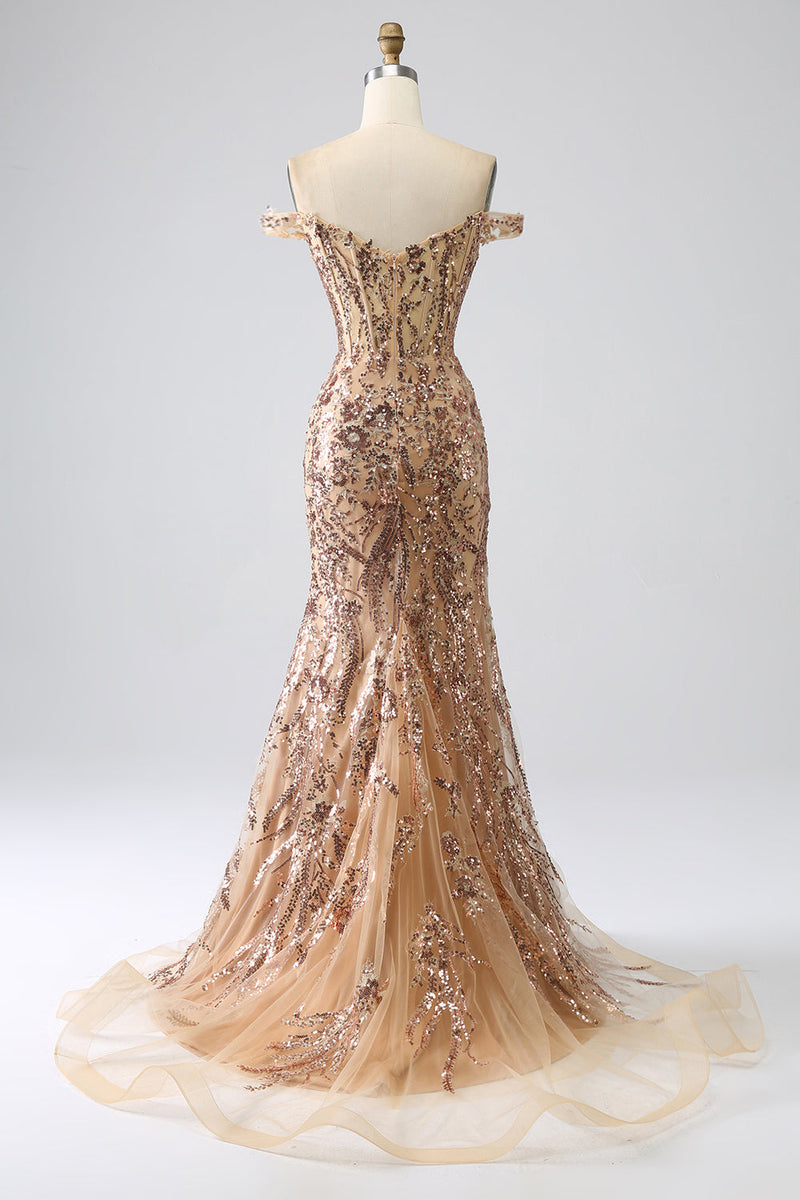 Load image into Gallery viewer, Golden Sparkly Mermaid Off The Shoulder Corset Prom Dress with Slit