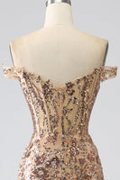 Load image into Gallery viewer, Golden Sparkly Mermaid Off The Shoulder Corset Prom Dress with Slit