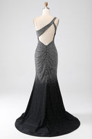 Load image into Gallery viewer, Sparkly Black Mermaid One Shoulder Corset Prom Dress