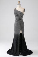 Load image into Gallery viewer, Sparkly Black Mermaid One Shoulder Corset Prom Dress
