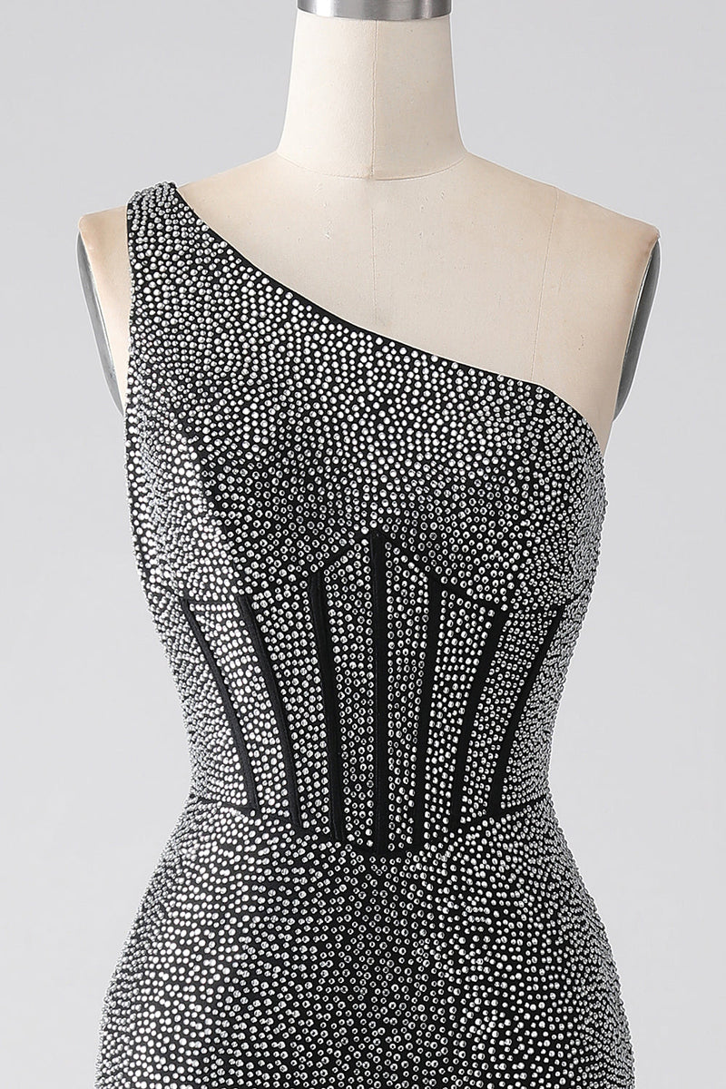 Load image into Gallery viewer, Sparkly Black Mermaid One Shoulder Corset Prom Dress