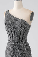 Load image into Gallery viewer, Sparkly Black Mermaid One Shoulder Corset Prom Dress