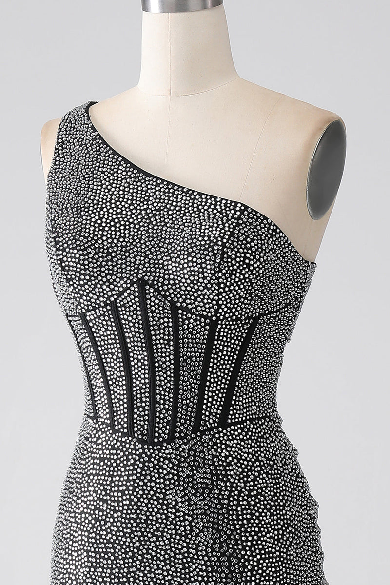 Load image into Gallery viewer, Sparkly Black Mermaid One Shoulder Corset Prom Dress