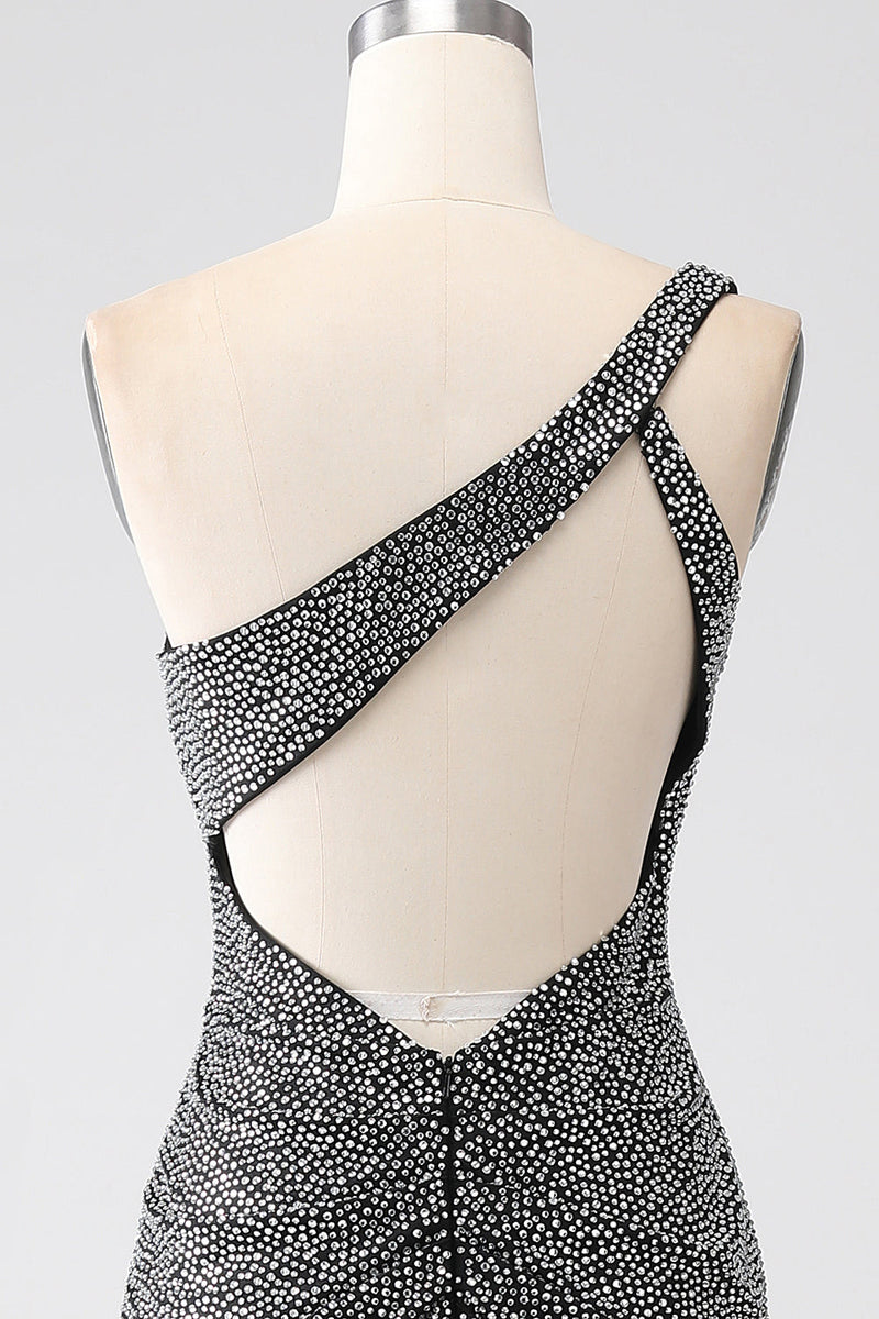 Load image into Gallery viewer, Sparkly Black Mermaid One Shoulder Corset Prom Dress