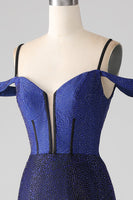 Load image into Gallery viewer, Sparkly Navy Mermaid Long Corset Prom Dress with Slit