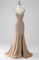 Load image into Gallery viewer, Sparkly Champagne Mermaid Spaghetti Straps Long Prom Dress with Slit