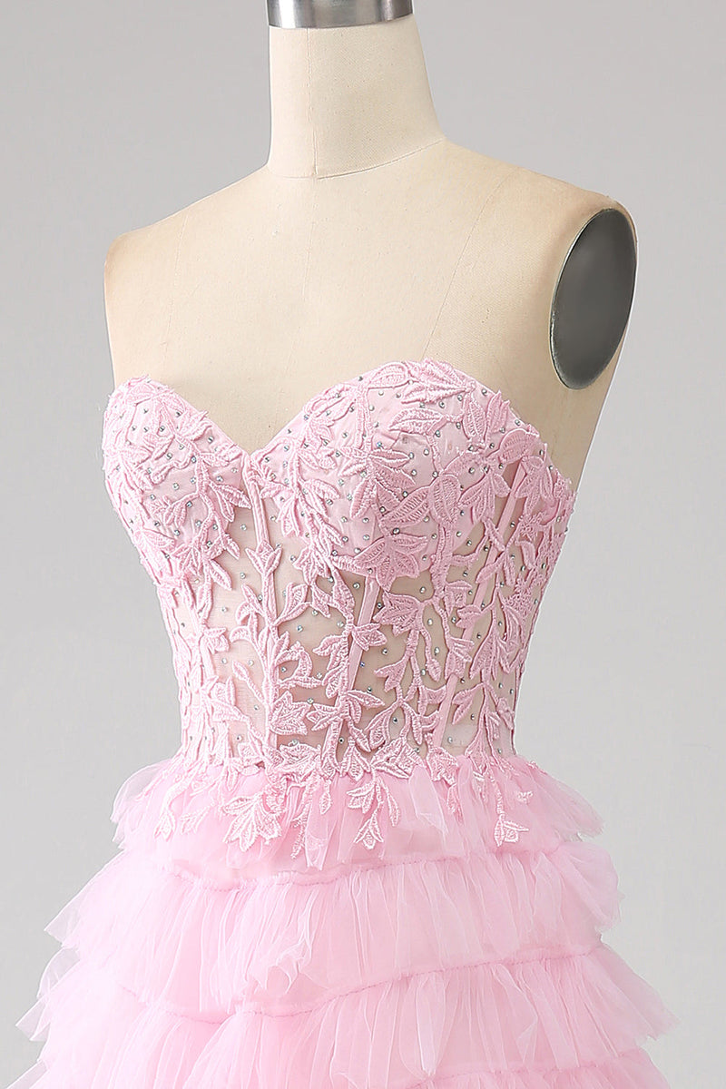 Load image into Gallery viewer, Pink A-Line Strapless Tiered Long Corset Prom Dress