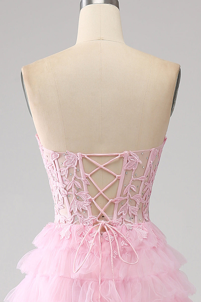 Load image into Gallery viewer, Pink A-Line Strapless Tiered Long Corset Prom Dress