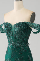 Load image into Gallery viewer, Mermaid Off The Shoulder Dark Green Prom Dress with Appliques
