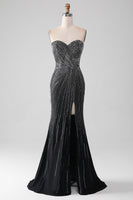 Load image into Gallery viewer, Black Glitter Strapless Mermaid Prom Dress with Slit
