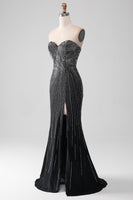 Load image into Gallery viewer, Black Glitter Strapless Mermaid Prom Dress with Slit
