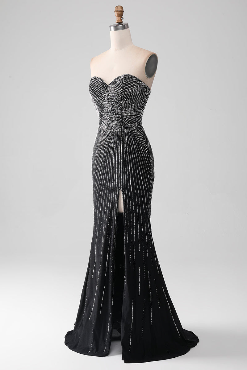 Load image into Gallery viewer, Black Glitter Strapless Mermaid Prom Dress with Slit