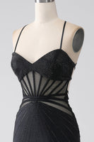 Load image into Gallery viewer, Mermaid Black Spaghetti Straps Long Prom Dress with Slit