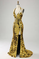 Load image into Gallery viewer, Golden Mermaid Halter Deep V-Neck Mirror Prom Dress With Slit