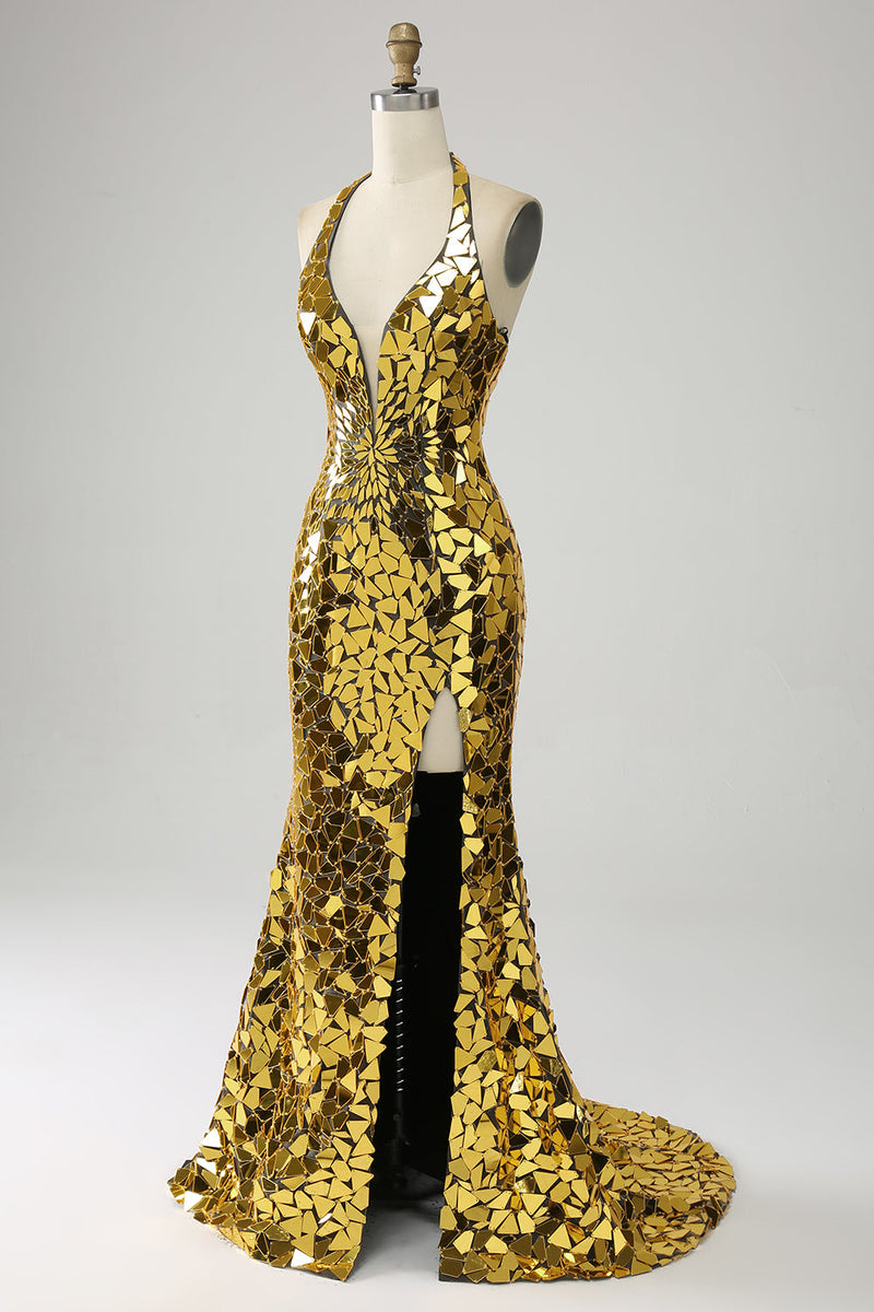 Load image into Gallery viewer, Golden Mermaid Halter Deep V-Neck Mirror Prom Dress With Slit