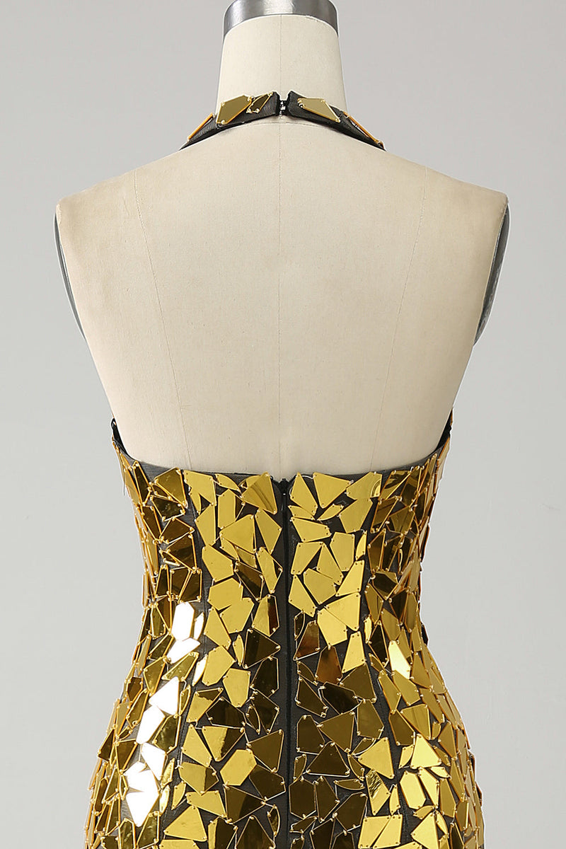 Load image into Gallery viewer, Golden Mermaid Halter Deep V-Neck Mirror Prom Dress With Slit