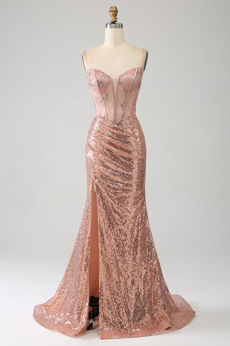Queendancer Women Rose Gold Prom Dress Mermaid Beaded Ruched Sequin Corset Evening Dress With Side Slit queendanceruk Queendancer Women Rose Gold Prom Dress Mermaid Beaded Ruched Sequin Corset Evening Dress With Side Slit queendanceruk