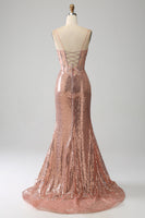 Load image into Gallery viewer, Rose Gold Mermaid Beaded Ruched Sequin Corset Prom Dress With Side Slit