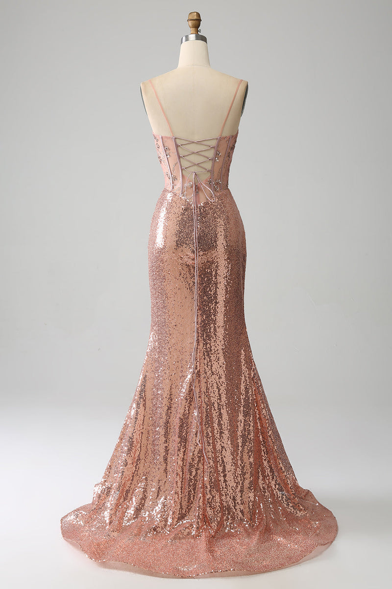 Load image into Gallery viewer, Rose Gold Mermaid Beaded Ruched Sequin Corset Prom Dress With Side Slit