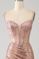 Load image into Gallery viewer, Rose Gold Mermaid Beaded Ruched Sequin Corset Prom Dress With Side Slit