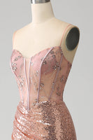 Load image into Gallery viewer, Rose Gold Mermaid Beaded Ruched Sequin Corset Prom Dress With Side Slit
