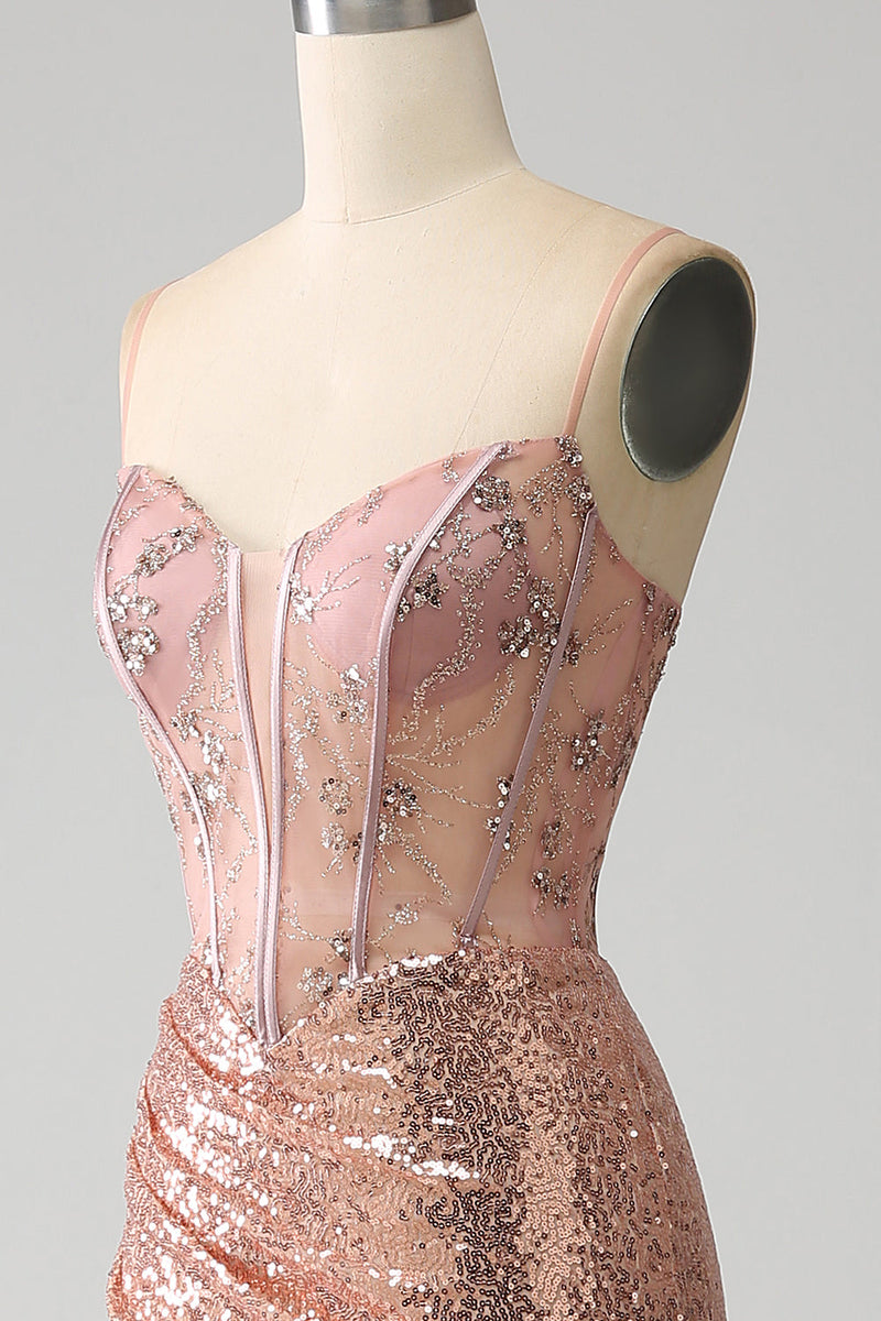 Load image into Gallery viewer, Rose Gold Mermaid Beaded Ruched Sequin Corset Prom Dress With Side Slit