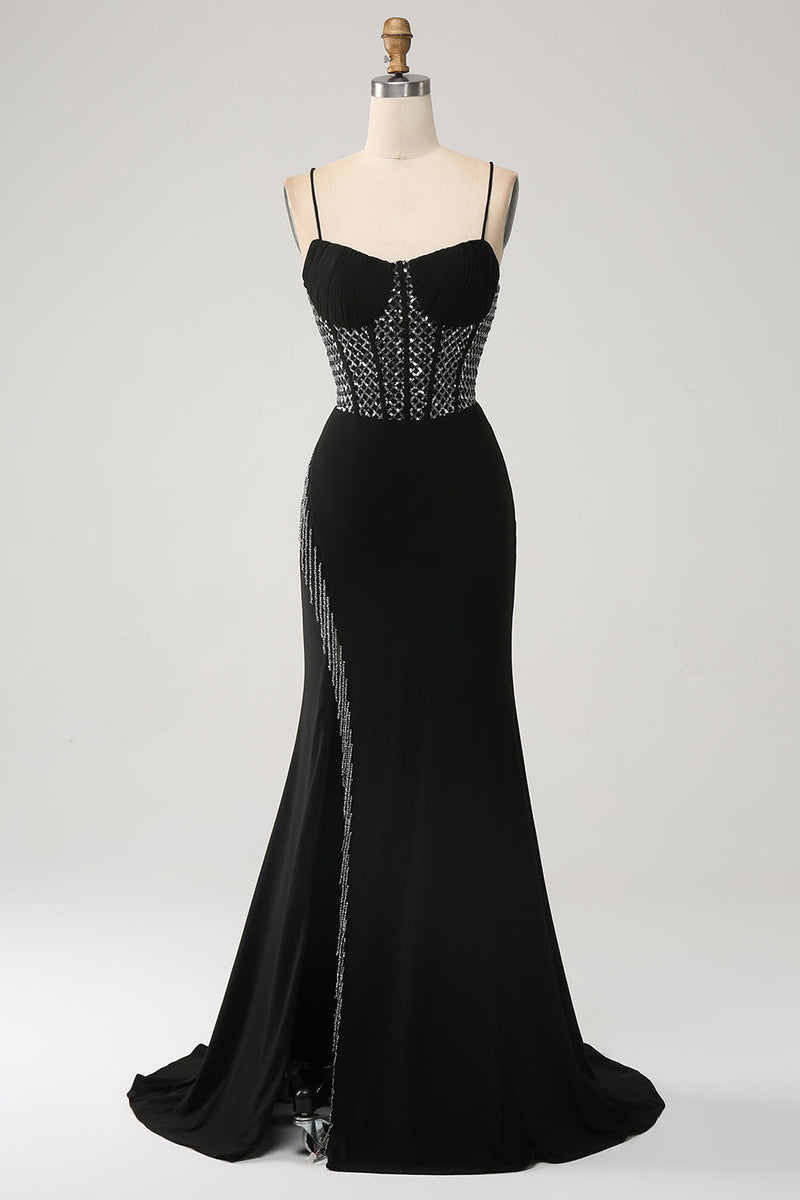 Load image into Gallery viewer, Mermaid Black Spaghetti Straps Long Corset Prom Dress with Slit