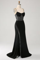 Load image into Gallery viewer, Mermaid Black Spaghetti Straps Long Corset Prom Dress with Slit