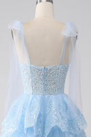 Load image into Gallery viewer, Light Blue Sweetheart Bow Tie Straps Tiered Tulle Sequin Prom Dress with Appliques