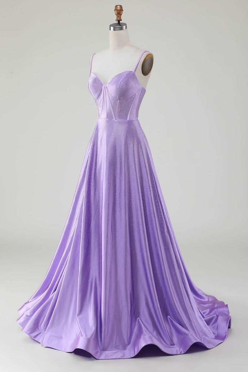 Queendancer Women Sparkly Lilac Prom Dress With Side Slit A-Line Corset