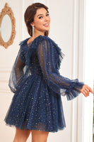 Load image into Gallery viewer, A Line V Neck Navy Short Homecoming Dress with Long Sleeves