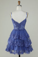 Load image into Gallery viewer, Cute A Line Spaghetti Straps Dark Blue Sparkly Corset Party Dress
