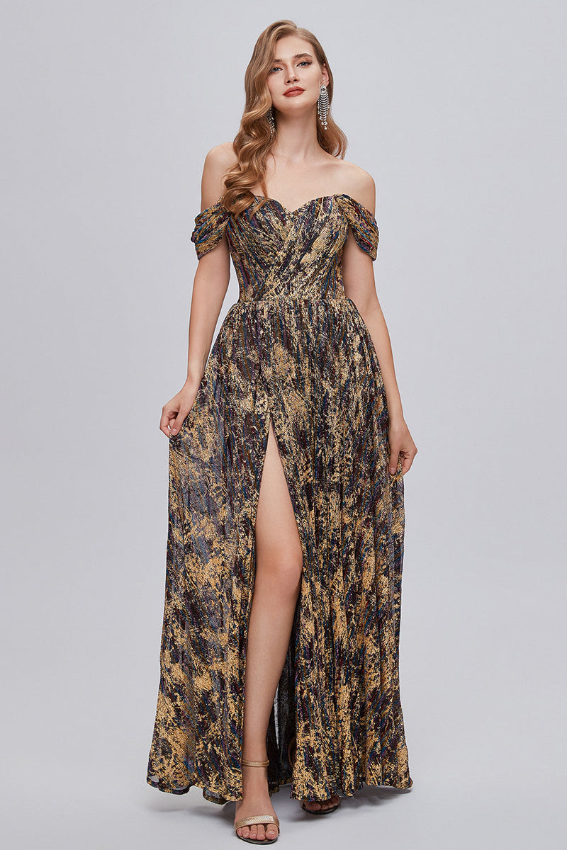 Load image into Gallery viewer, Glitter Brown Off the Shoulder Formal Dress with Slit