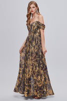 Load image into Gallery viewer, Glitter Brown Off the Shoulder Formal Dress with Slit