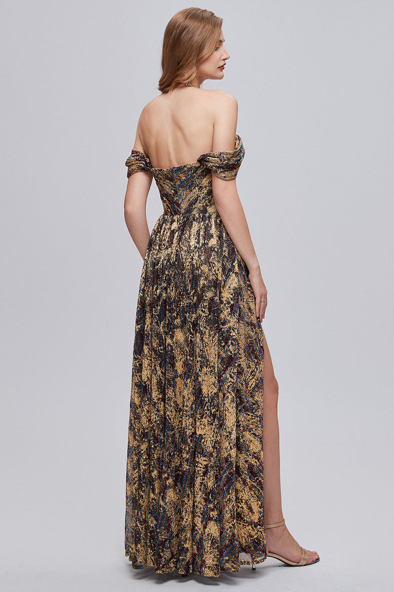 Load image into Gallery viewer, Glitter Brown Off the Shoulder Formal Dress with Slit