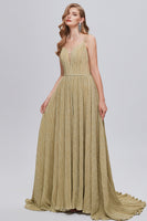 Load image into Gallery viewer, A-Line Spaghetti Straps Golden Ruched Long Prom Dress