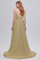Load image into Gallery viewer, A-Line Spaghetti Straps Golden Ruched Long Prom Dress