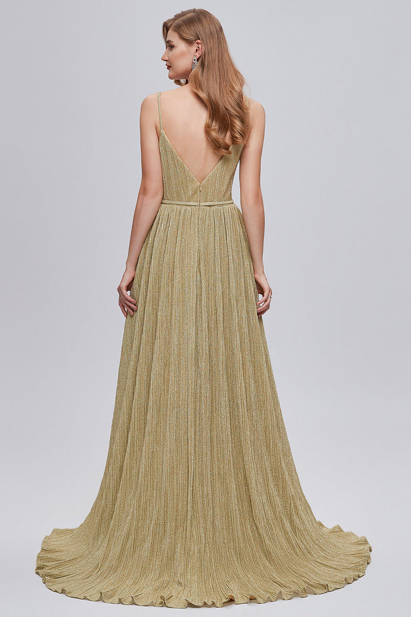 Load image into Gallery viewer, A-Line Spaghetti Straps Golden Ruched Long Prom Dress