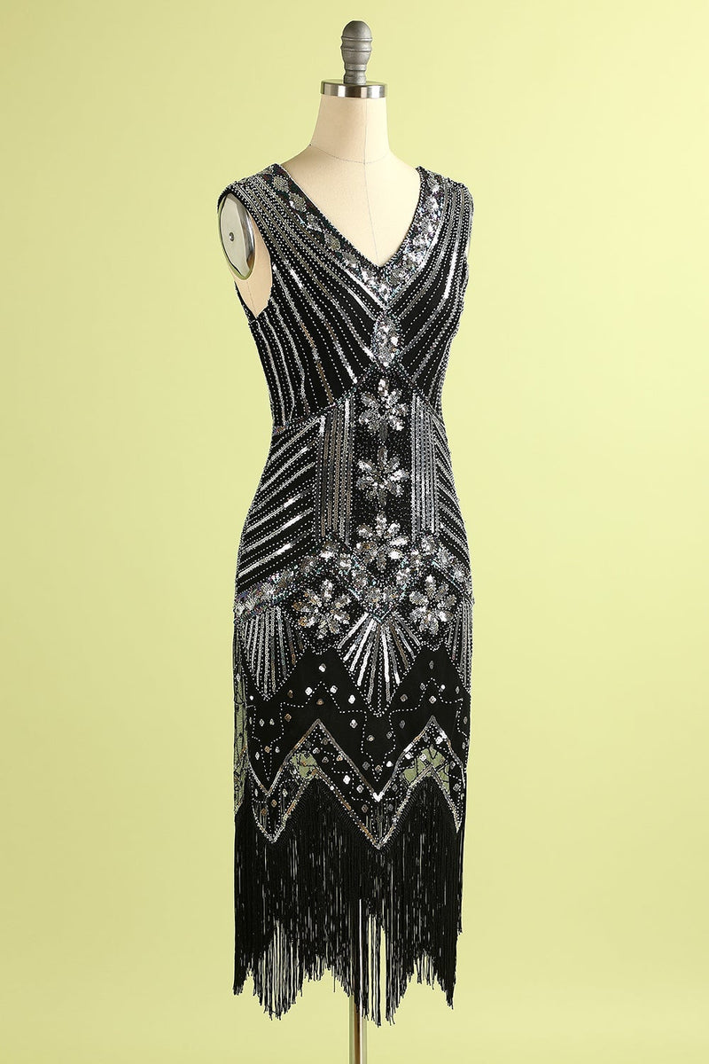 Queendancer UK Women 1920 Dress Black and Silver Sequin Flapper Gatsby Dress  with Fringes – queendanceruk