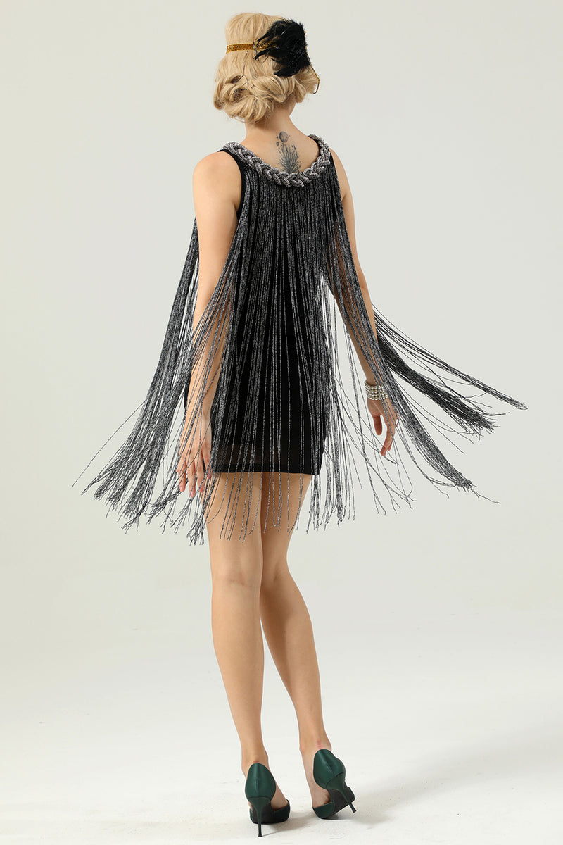 Load image into Gallery viewer, Round Neck Black Fringed 1920's Dress