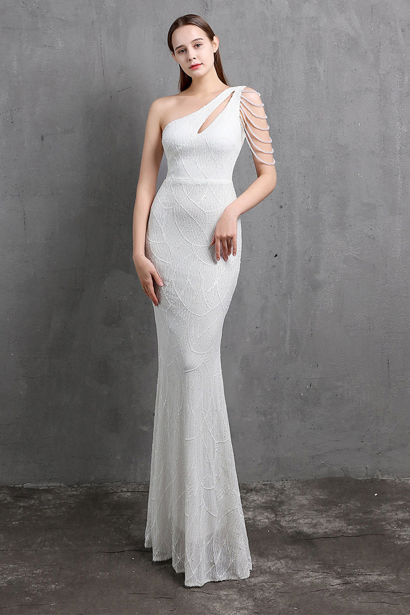 Load image into Gallery viewer, Gold Mermaid One Shoulder Sequin Prom Dresses