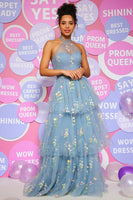 Load image into Gallery viewer, A Line Halter Grey Blue Prom Dress with Embroidery