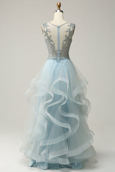 A-Line Deep V Neck Light Blue Long Prom Dress with Appliques