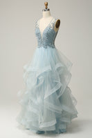 Load image into Gallery viewer, A-Line Deep V Neck Light Blue Long Prom Dress with Appliques