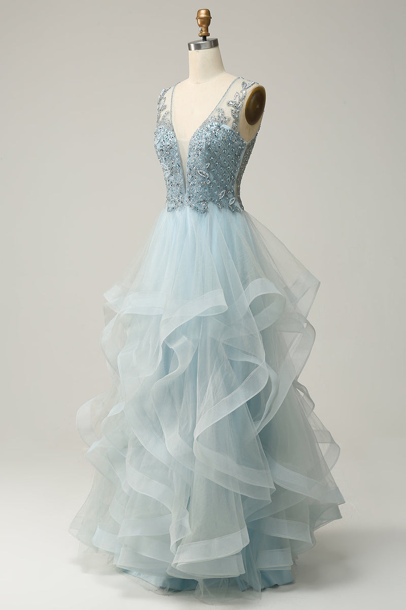 Load image into Gallery viewer, A-Line Deep V Neck Light Blue Long Prom Dress with Appliques