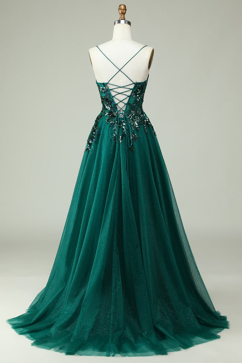 Queendancer Women Dark Green Corset Prom Dress A Line Spaghetti Straps Evening Party Dress with Appliques queendanceruk