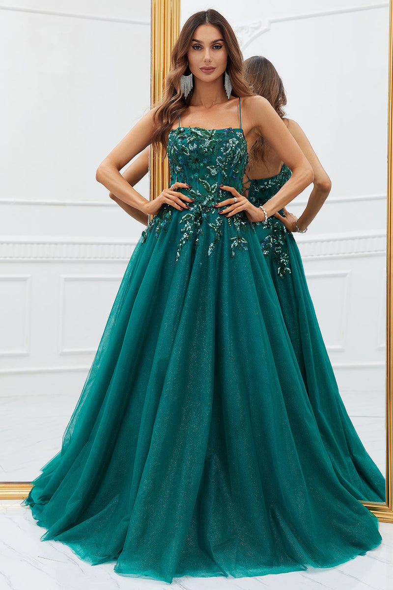 Queendancer Women Sparkly Dark Green Long Tulle Prom Dress with Appliques Spaghetti Straps Evening Party Dress queendanceruk