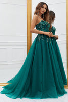 Load image into Gallery viewer, Sparkly Dark Green Tulle Long Prom Dress with Appliques